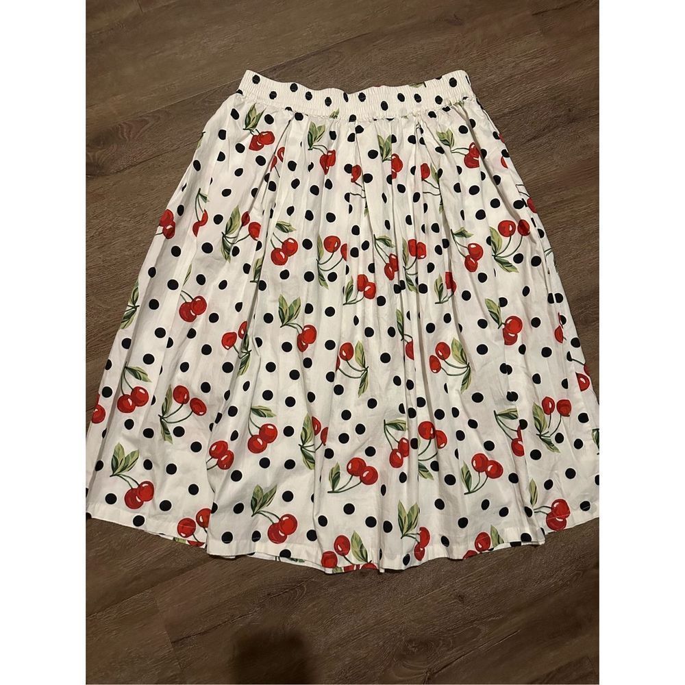 Truly 4 You Womens Midi Skirt Polka Dots Cherries Pockets Elastic Waistband Sz L